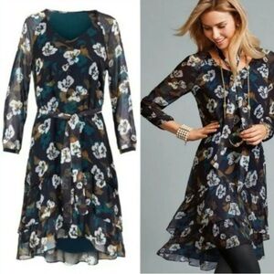 CAbi Black and Blue Floral Long Sleeve Dress